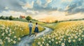 A couple walks hand in hand on a winding path through a field of blooming daisies under a dramatic, cloudy sky Royalty Free Stock Photo